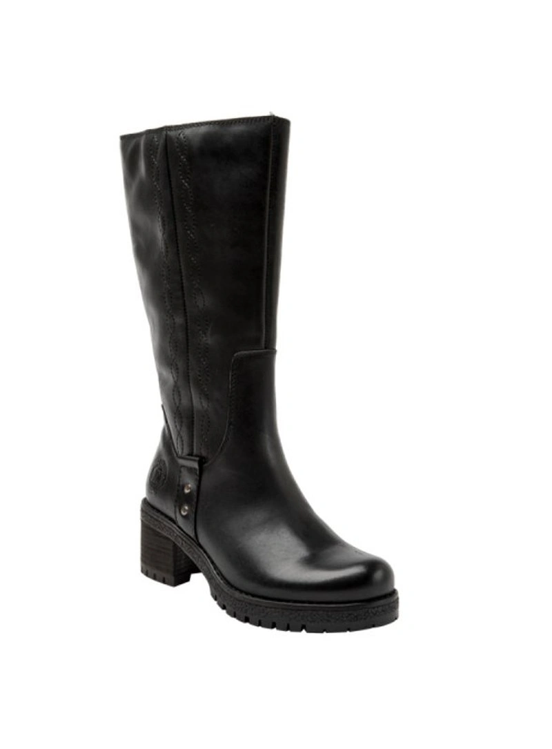 Bota alta negra de cuero con costuras verticales
